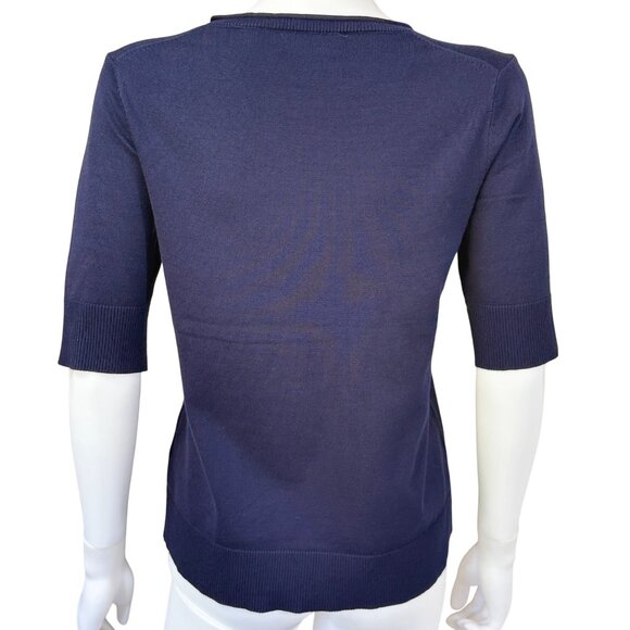 Melissa Paige Sweater Womens PM Navy Rayon Blend Ribbed Elbow Sleeve V-Neck - Picture 2 of 7